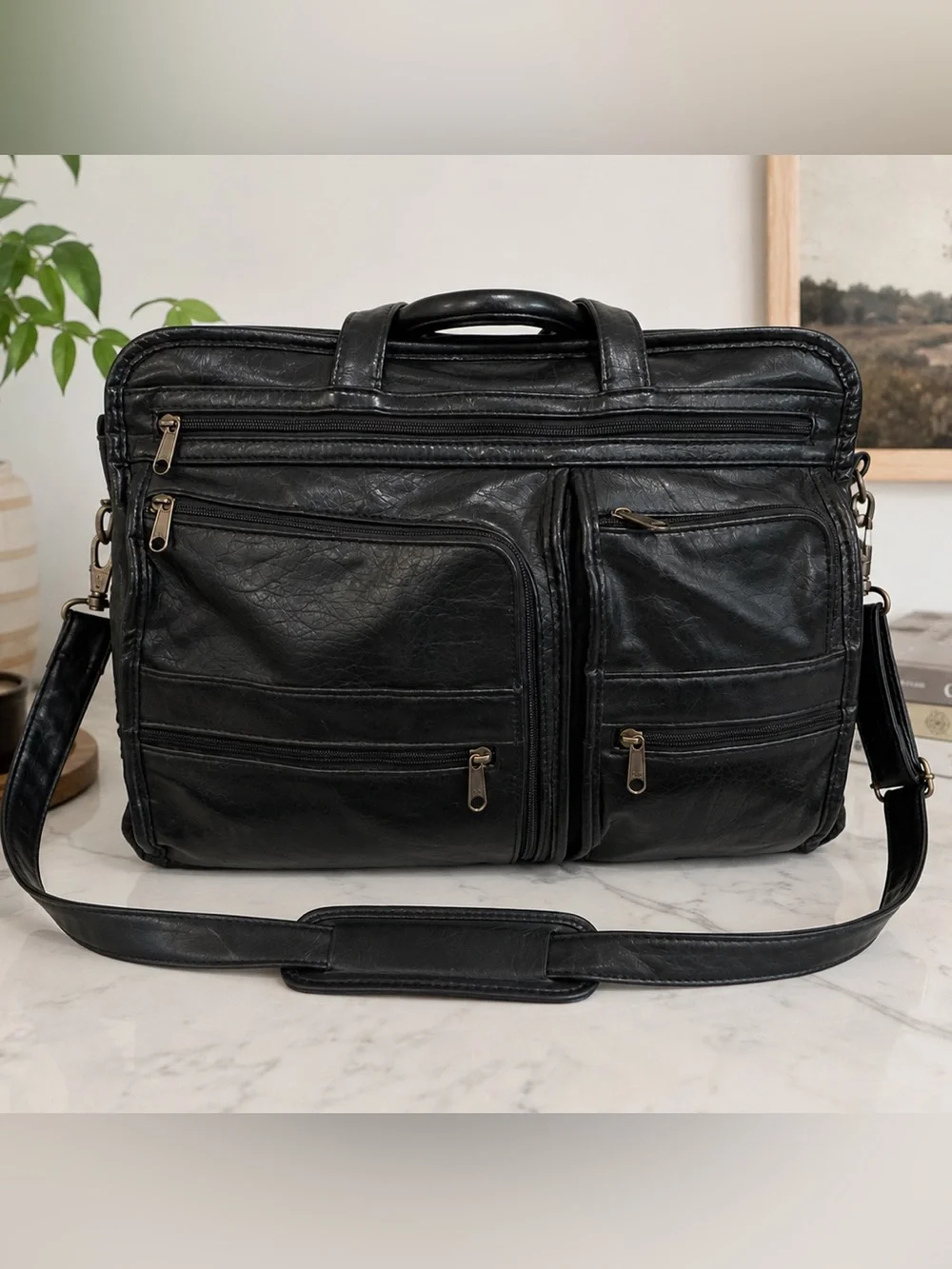 Vintage Monarch Multi-Pocket Black Briefcase Messenger Bag 16”x 11” expandable